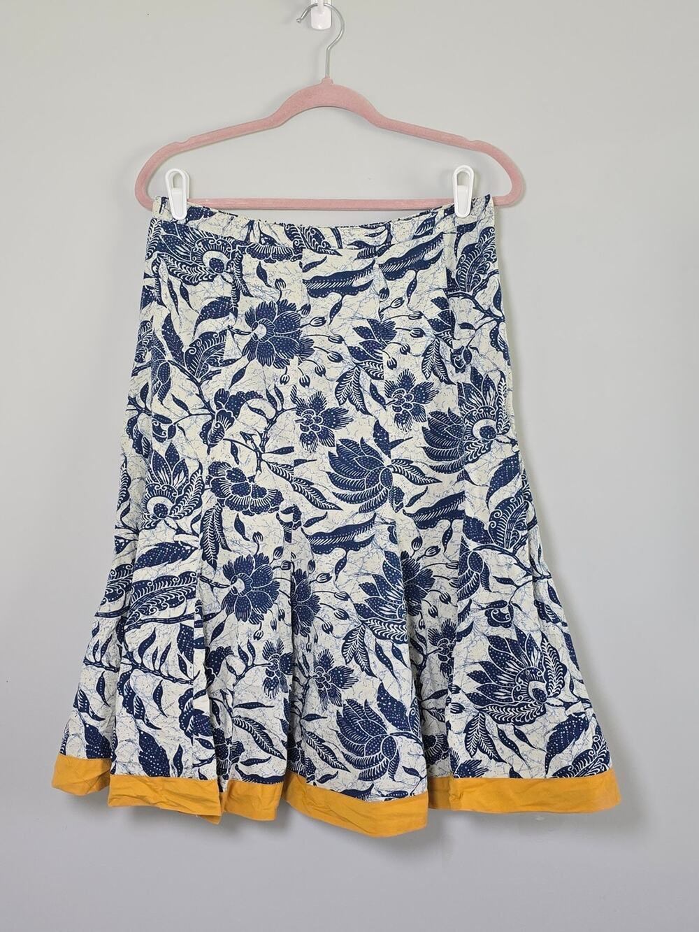 Old Navy Blue White Floral A-Line Flare Midi Skirt Yellow Hem Cotton Skirt Sz 6